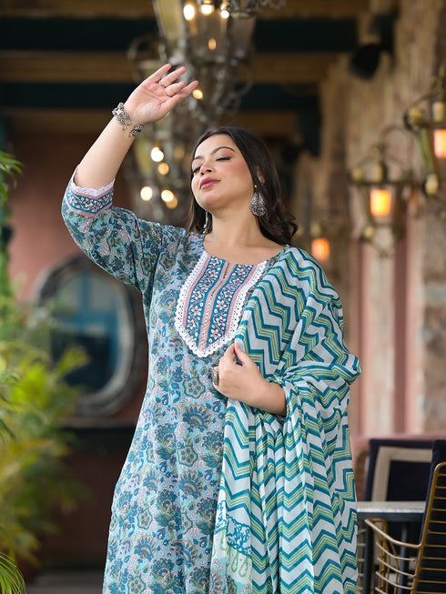 Women Plus Size Green Pure Cotton Kurta Set With Dupatta